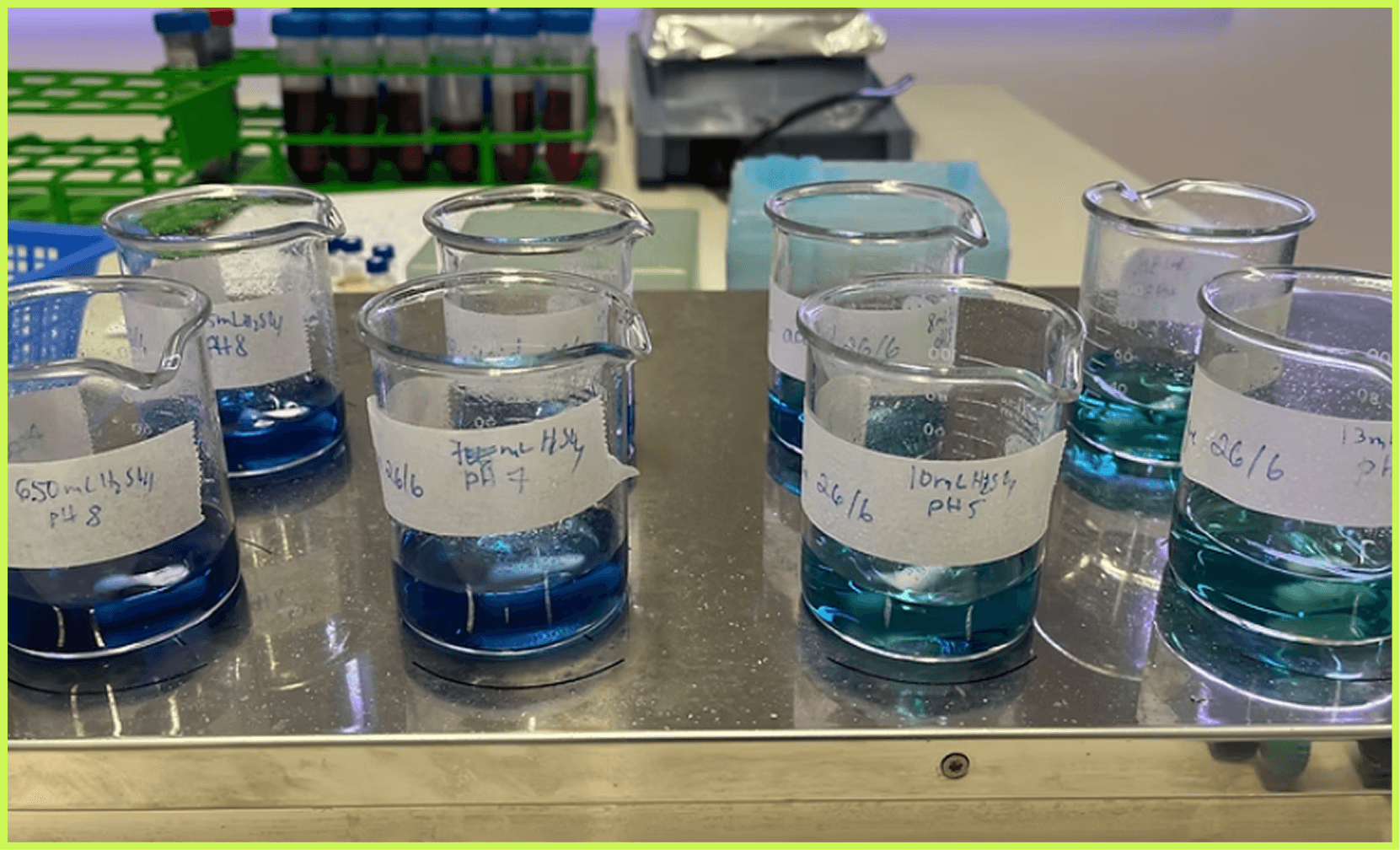 My favorite photo - the color gradient
created from solutions of Ni(py-L-
glutamine RSB)₂ at pH 3, 5, 7, 8 using
sulfuric acid from right to left