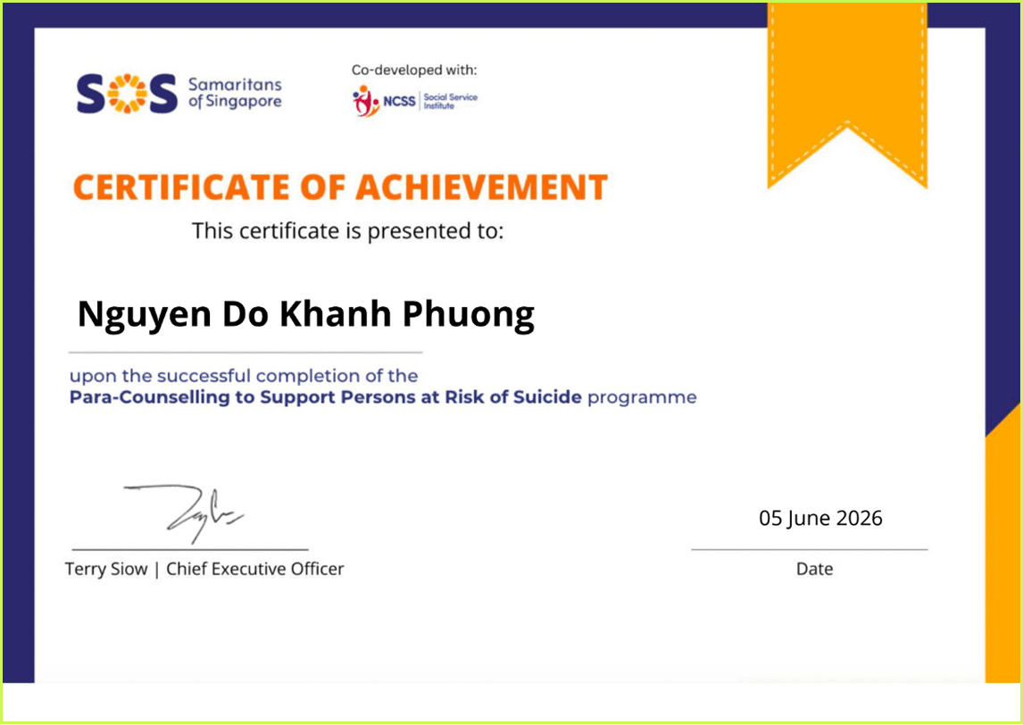 Certificate of Achievement - Samaritans of Singapore