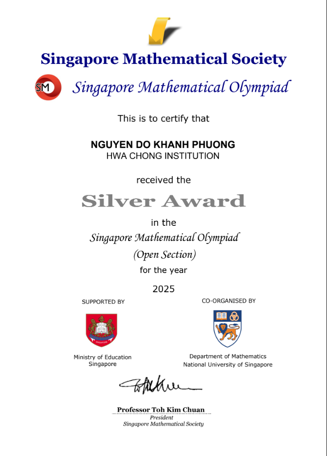 Silver Medal | Singapore Mathematical Olympiad | 2025