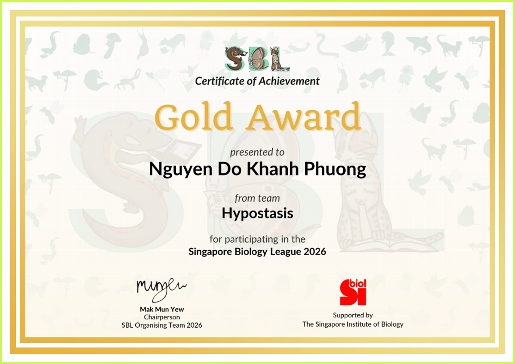 Gold Award | Singapore Biology League | 2026